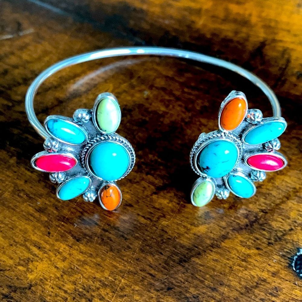 Desert Cluster Cuff Bracelet – Simulated Turquoise, Coral & Spiny Oyster Stones